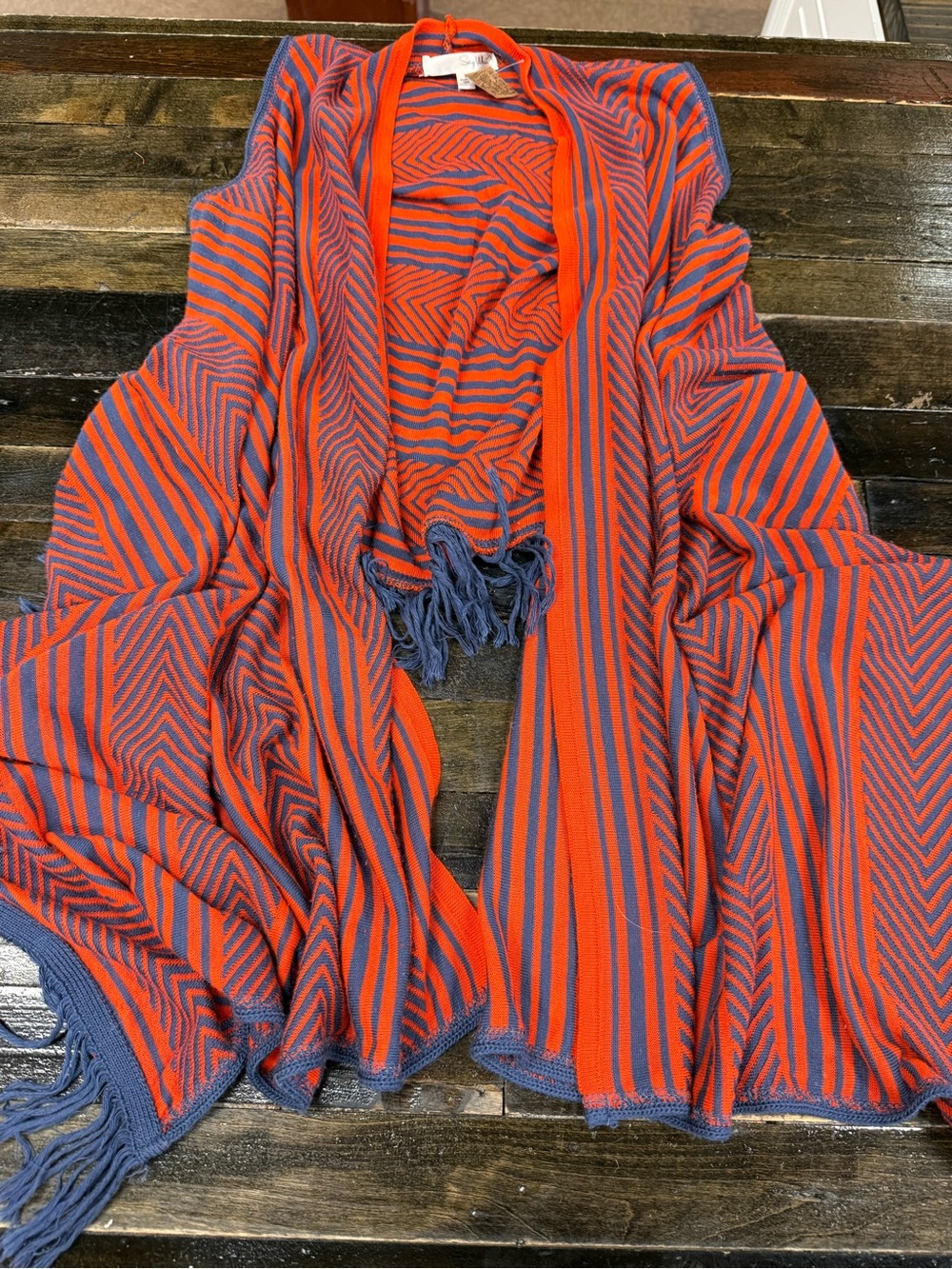 Say What? Geometric Stripe Fringe Open Front Cardigan Vest Boho Festival Layer S